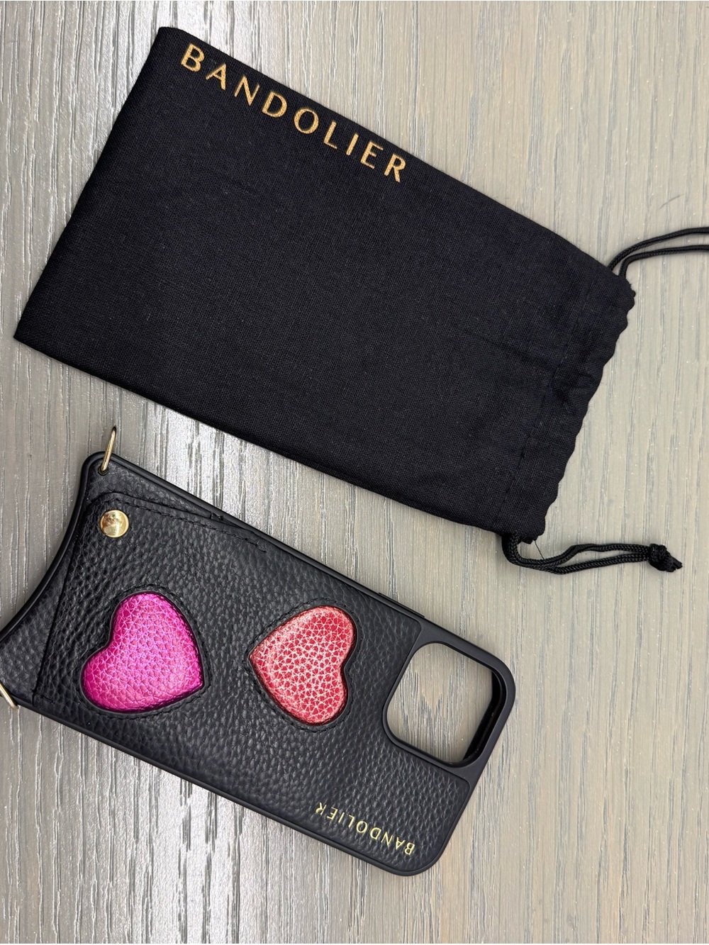 Bandolier iPhone 12 Pro Case black with Pink & Red Hearts, Gia Side Slot